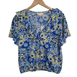 Melloday Blue Yellow Floral Ruffle Faux Wrap Top Women's Medium NWT